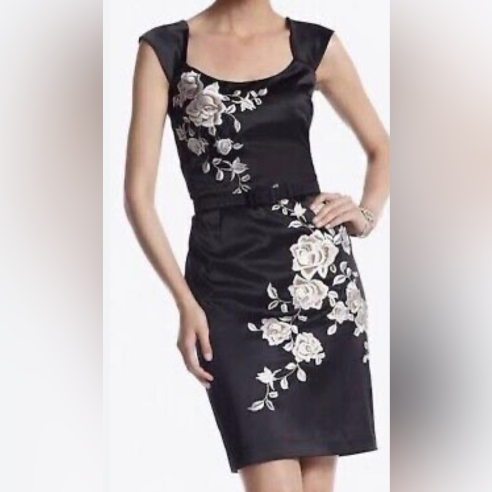 White House Black Market Black Dress with White Floral Embroidery